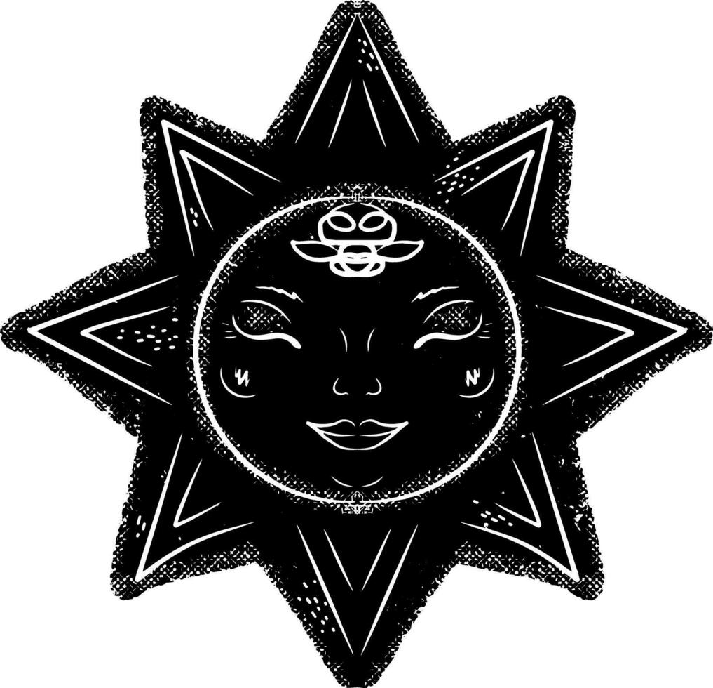 un' nero e bianca disegno di un' sole con un' viso vettore
