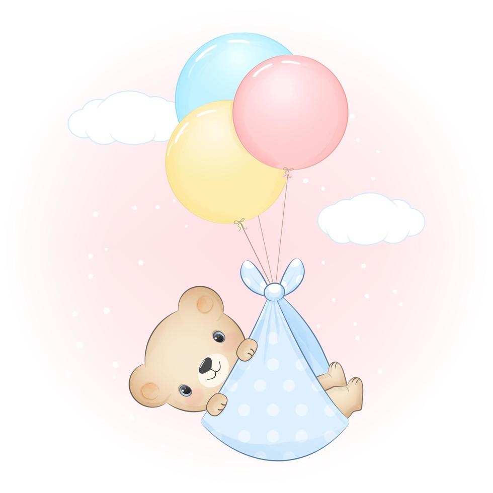 simpatico orsetto con fumetto illustrazione neonato palloncino vettore