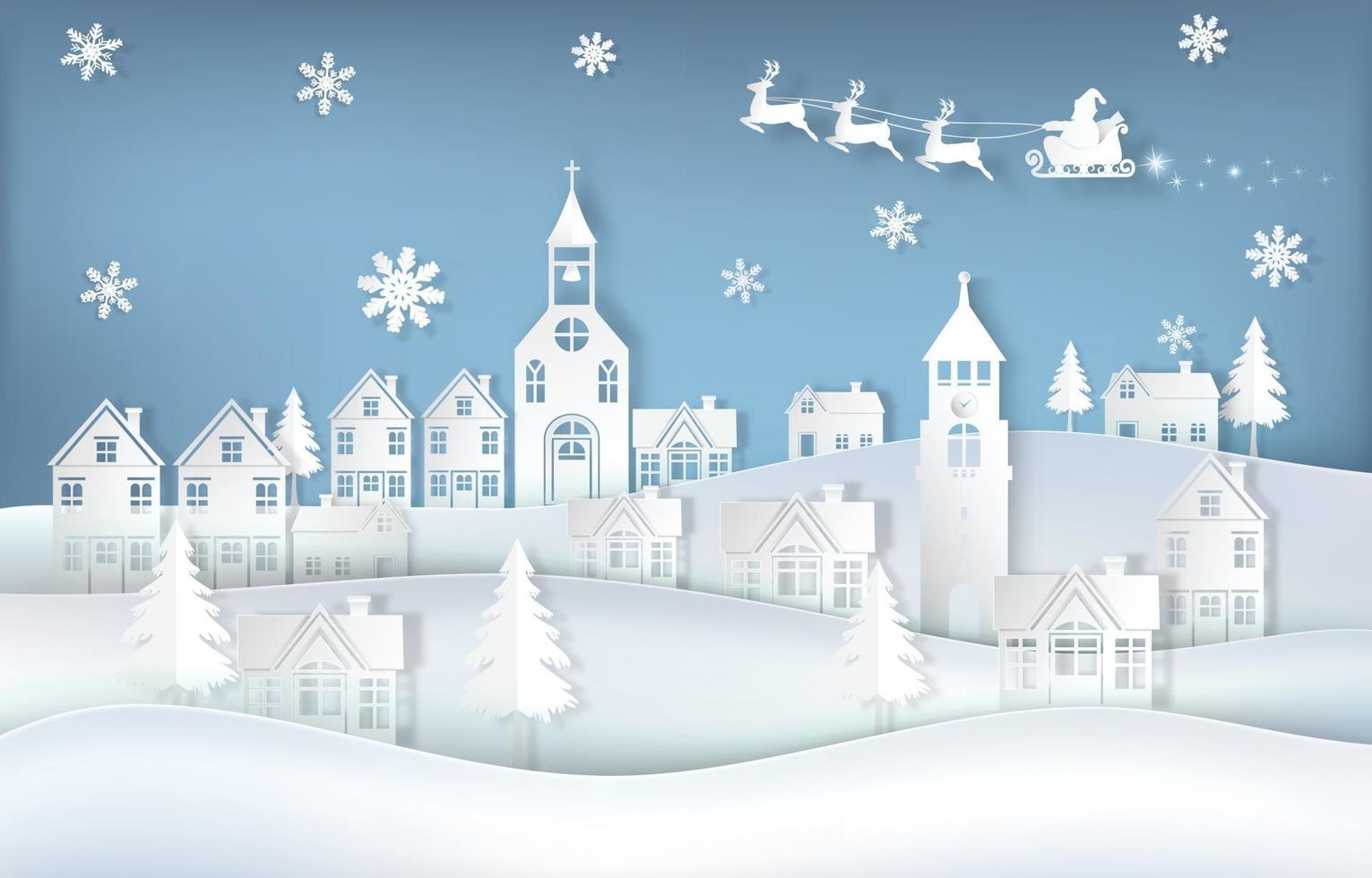 santa e cervi in città con sfondo fiocco di neve. illustrazione di arte della carta della stagione di natale vettore