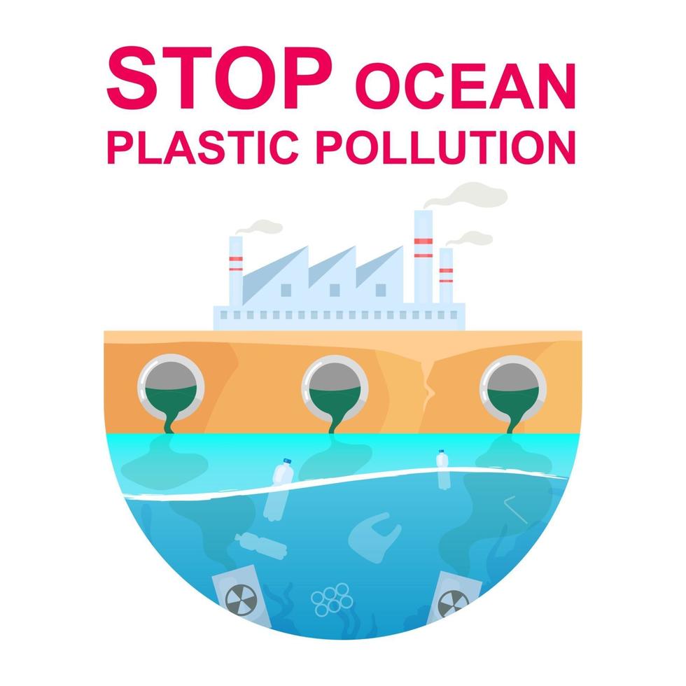 fermare l'icona di concetto piatto di inquinamento da plastica oceanica. contaminazione dell'acqua e dell'aria. adesivo inquinamenti tossici di fabbrica industriale, clipart. illustrazione di cartone animato isolato su sfondo bianco vettore