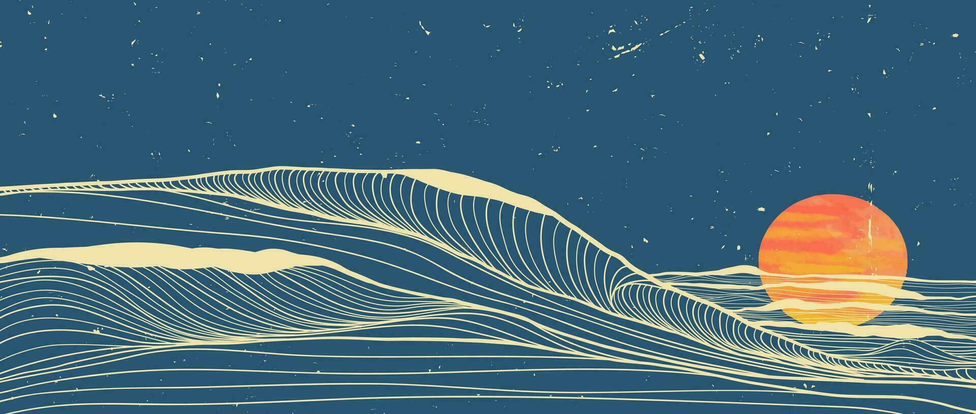 oceano onda paesaggio illustrazione. creativo minimalista moderno linea arte Stampa. astratto contemporaneo estetico sfondi paesaggi. Vintage ▾ stile con oceano, mare, orizzonte, onda e tramonto vettore