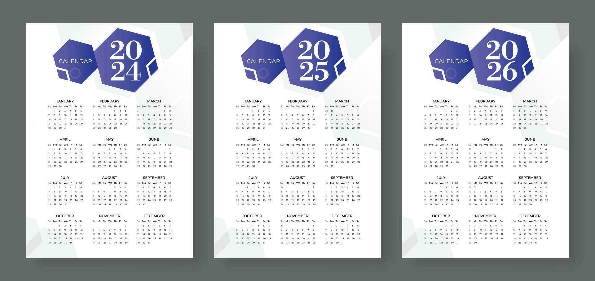 2024, 2025 e 2026 calendario impostare, settimana inizio domenica, semplice verticale calendario design modello. aziendale design progettista modello. parete calendario nel un' minimalista stile vettore