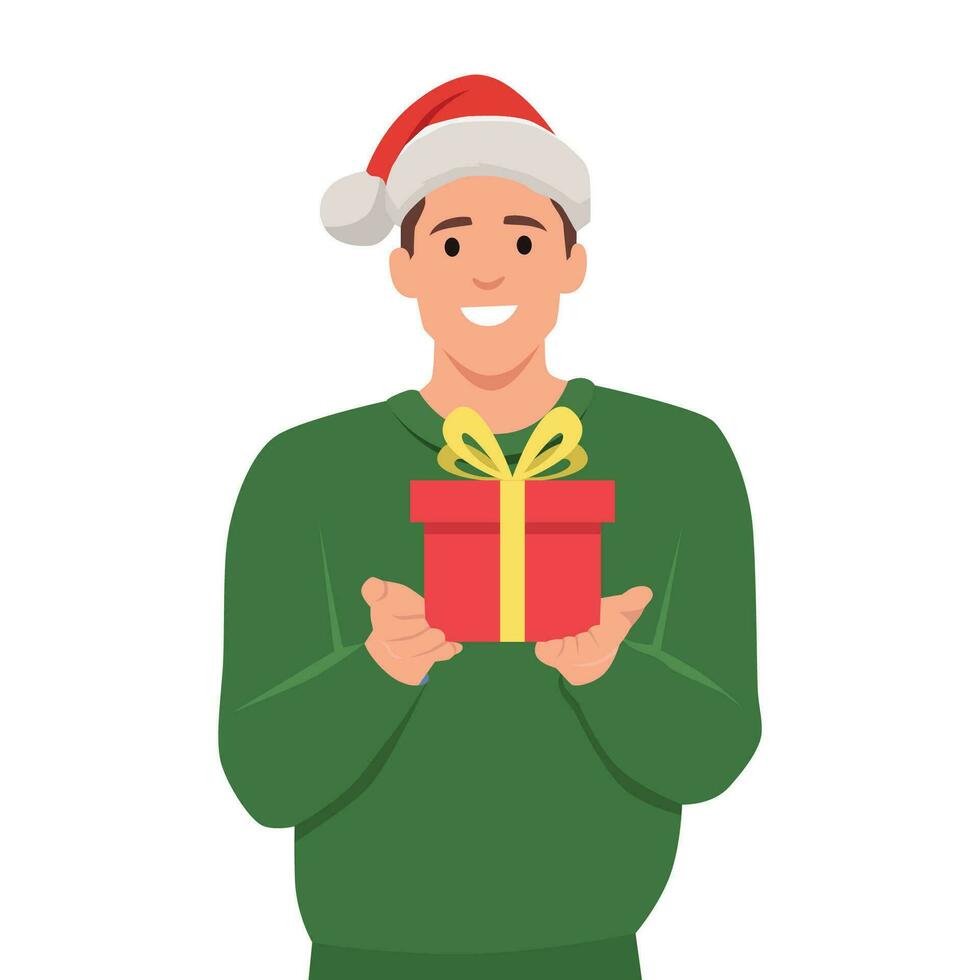 contento uomo Tenere Natale regalo nel Santa cappello. fricchettone con natale presente scatola nel mano. maschio fabbricazione sorpresa. vettore