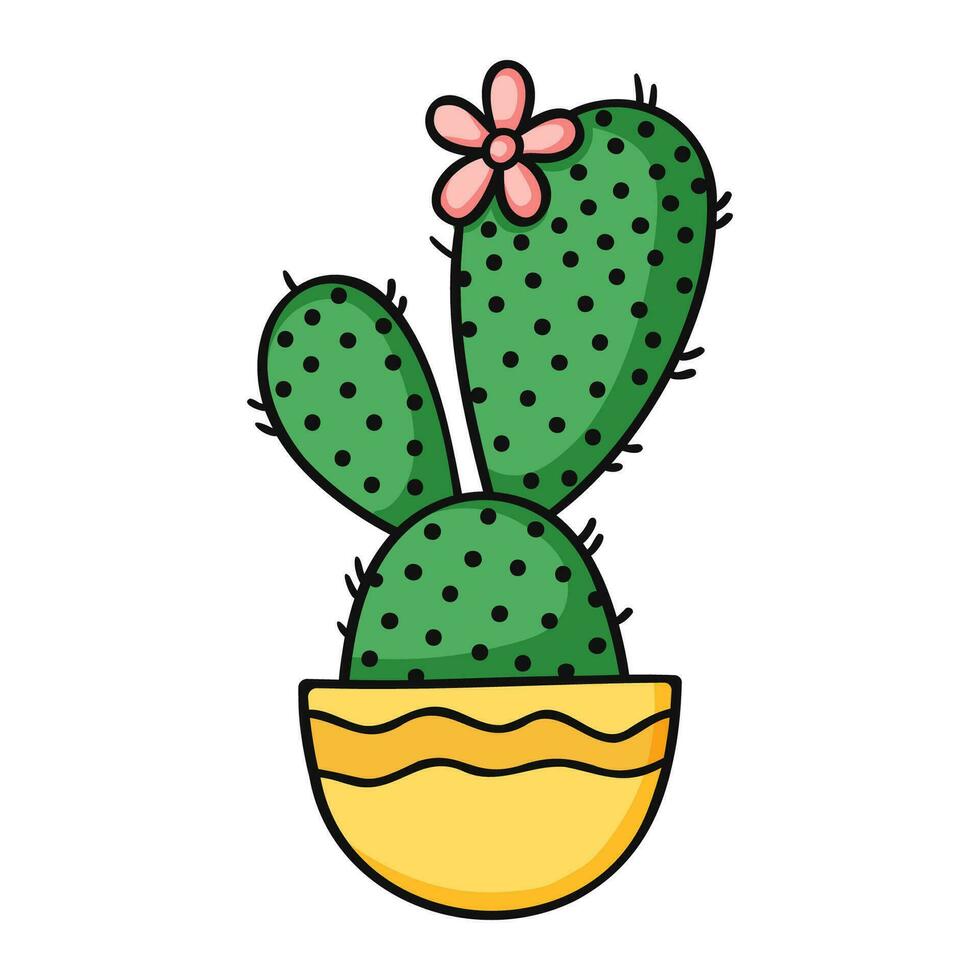 spinoso Pera cactus con rosa fiori nel giallo pentola. cartone animato isolato vettore illustrazione su bianca sfondo