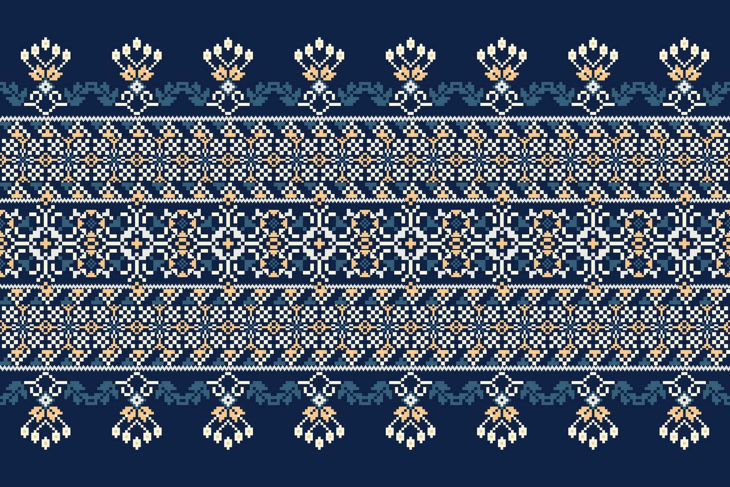 floreale attraversare punto ricamo su Marina Militare blu sfondo.geometrico etnico orientale modello tradizionale.azteco stile astratto vettore illustrazione.disegno per trama, tessuto, abbigliamento, avvolgimento, decorazione.