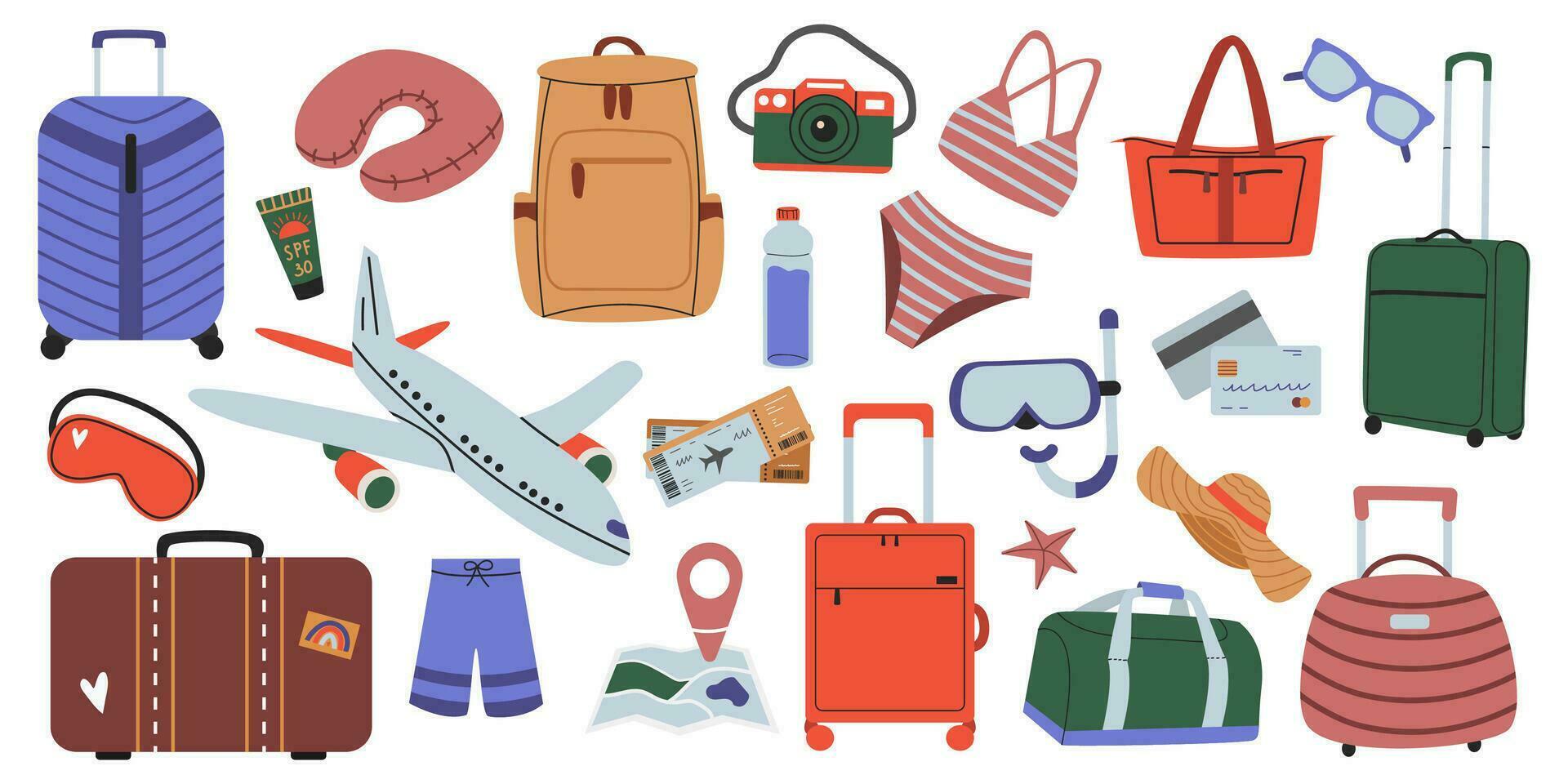 grande viaggio accessorio impostare. vacanza Accessori per un' mare vacanza. impostato di viaggio Oggetti, valigie, borse, bagaglio, bikini, carta geografica, aereo, telecamera. piatto vettore illustrazione isolato su sfondo.