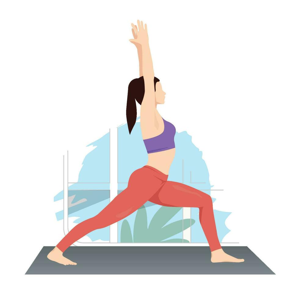 giovane donna praticante virabhadrasana, guerriero posa yoga esercizio vettore