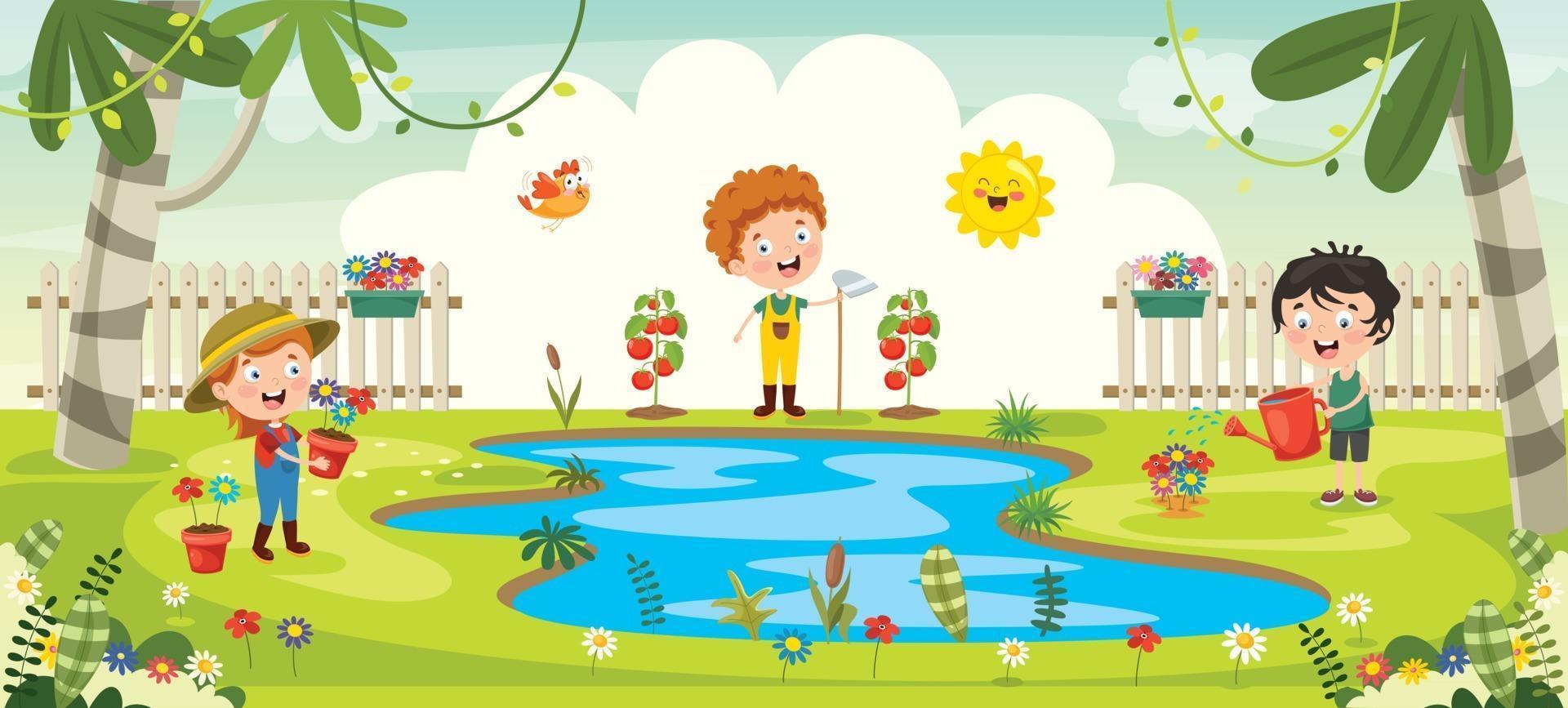 bambini piccoli che fanno giardinaggio e piantano vettore