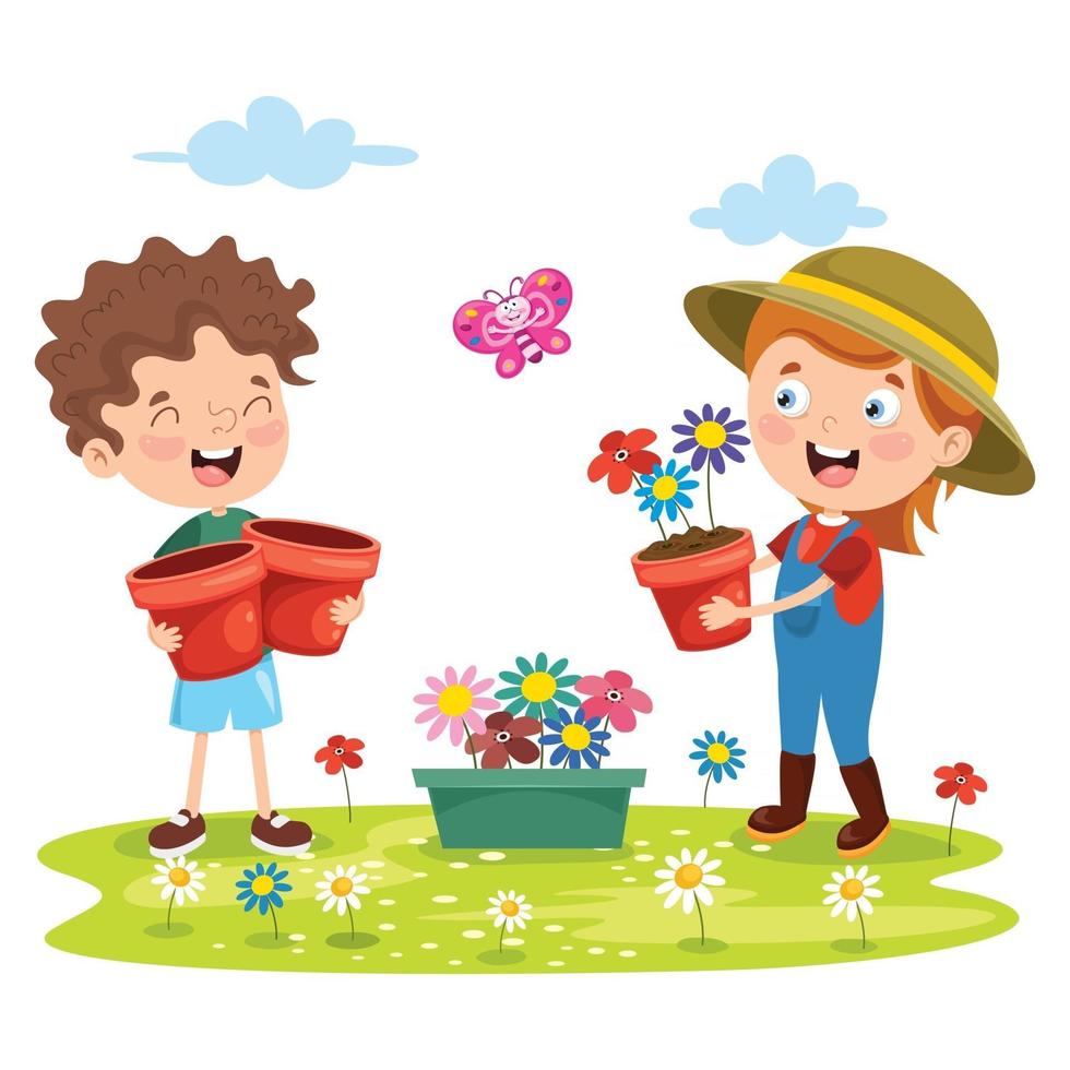 bambini piccoli che fanno giardinaggio e piantano vettore