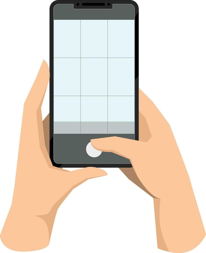 mano Tenere Telefono, assunzione mobile foto. fabbricazione fotografia con griglia su smartphone schermo. utilizzando telecamera per tiro, registrazione video. piatto grafico vettore illustrazione isolato su bianca sfondo