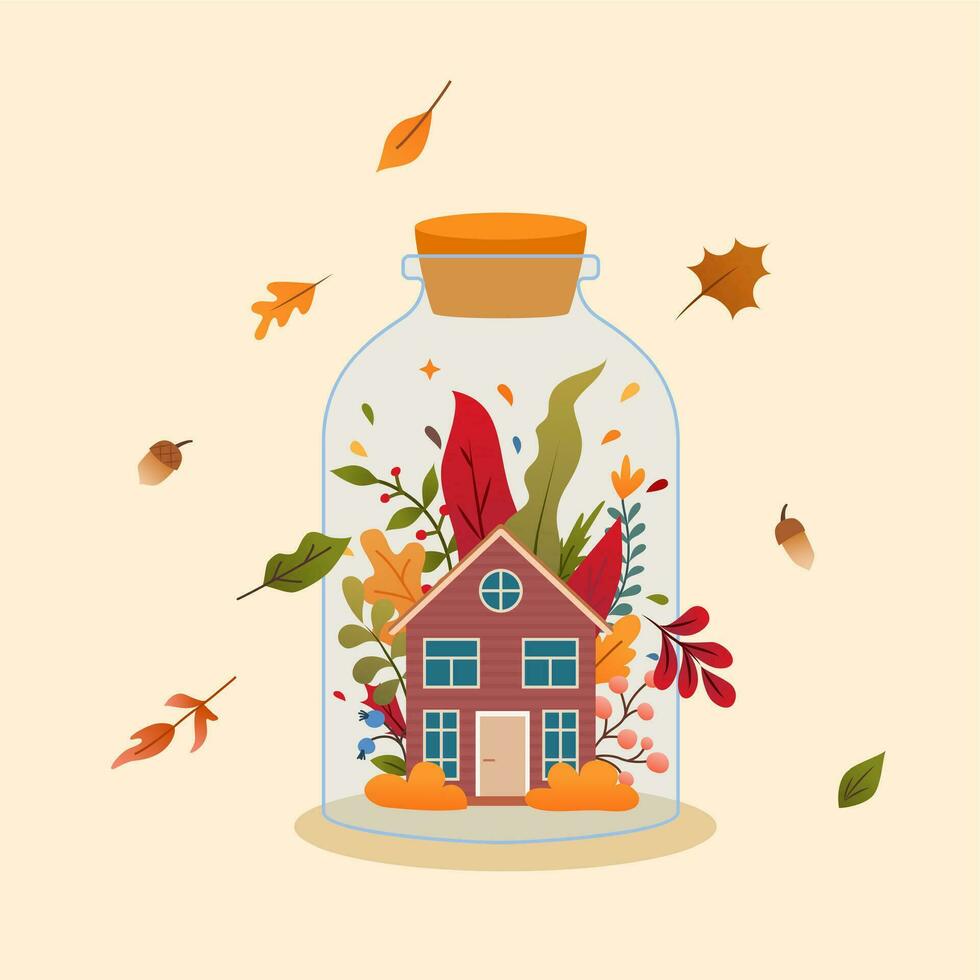 un' piccolo Casa nel un' bicchiere vaso con le foglie nel il sfondo. concetto di caldo autunno vettore