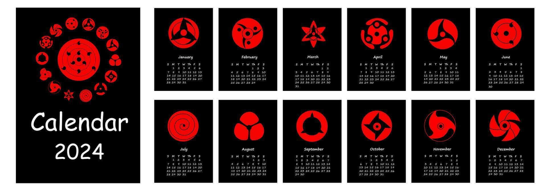 2024 calendario con icona sharingan. calendario progettista minimo stile, annuale organizzatore. vettore illustrazione