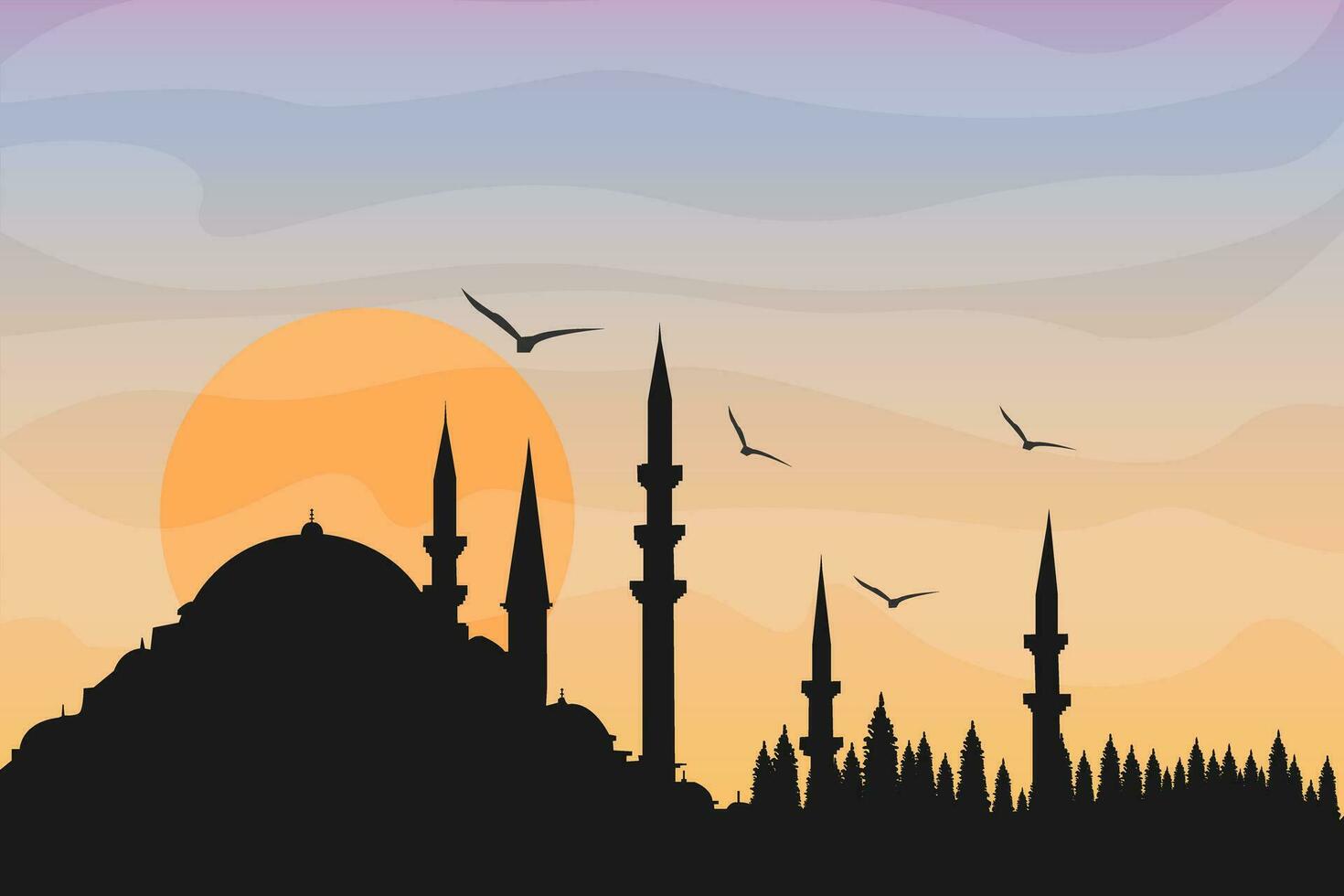 moschea silhouette. tramonto e gabbiani. vettore disegno.