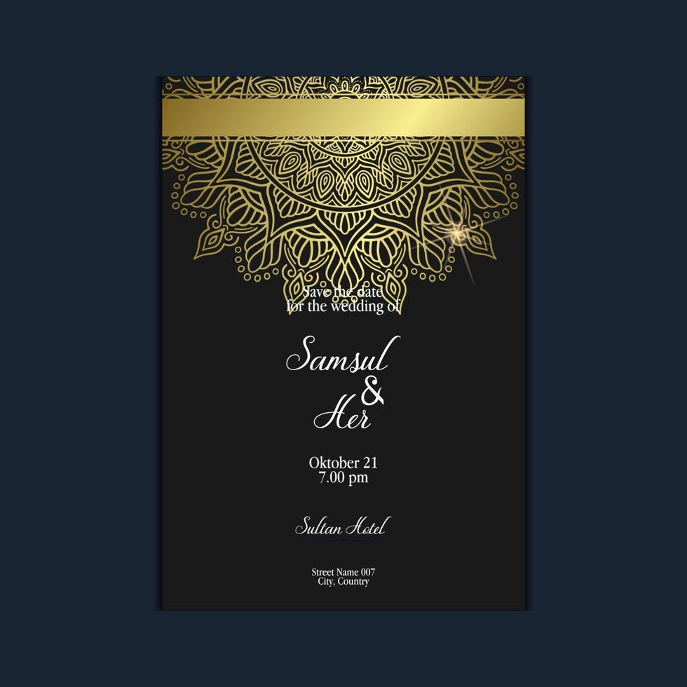 sfondo ornato mandala oro di lusso per invito a nozze, copertina del libro con stile elemento mandala vettore Premium