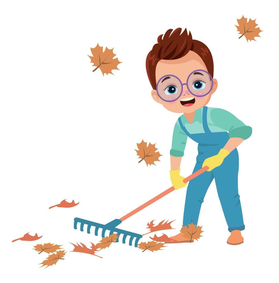 carino ragazzo pulizia secco le foglie vettore