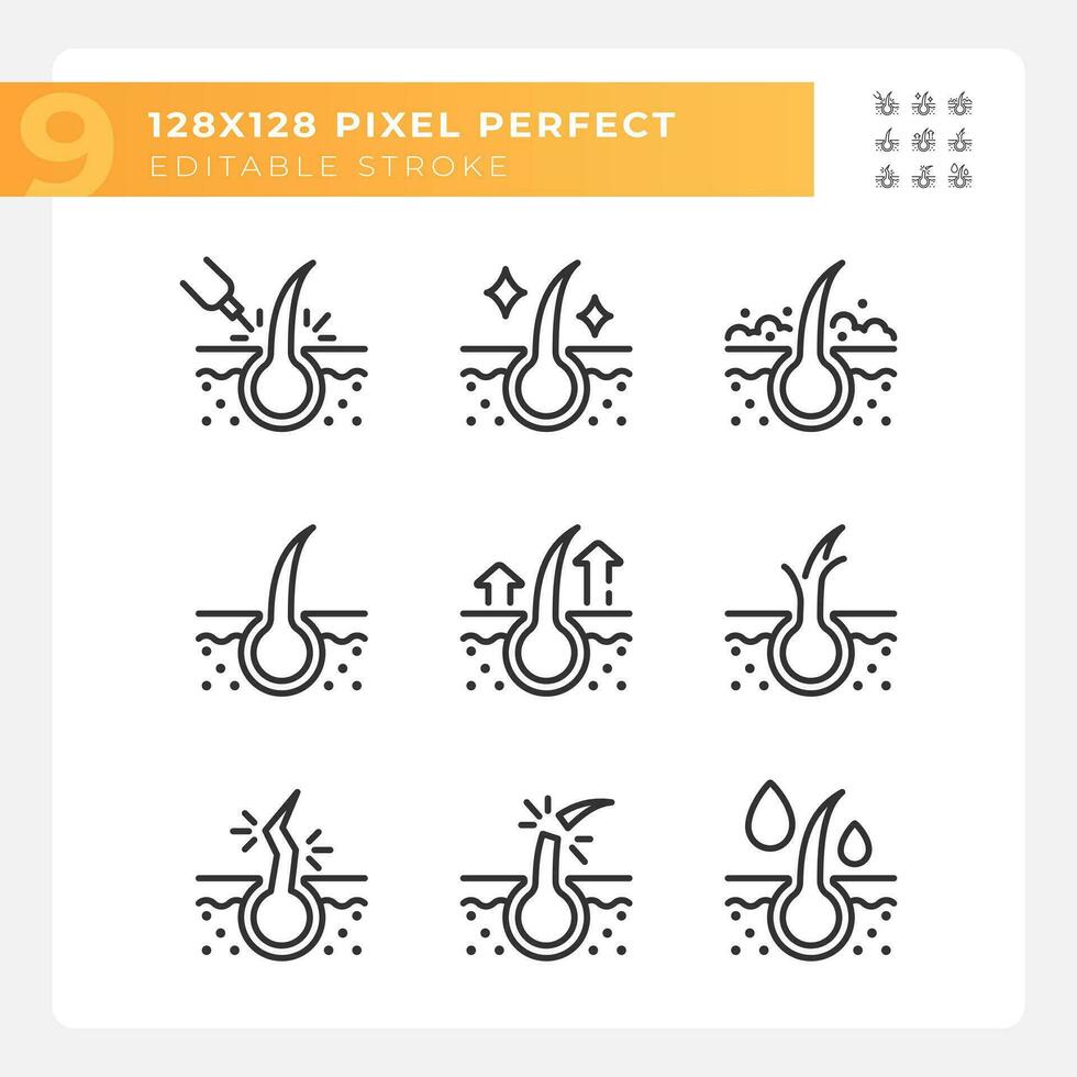 2d pixel Perfetto nero icone impostato che rappresentano cura dei capelli, personalizzabile magro linea illustrazione. vettore