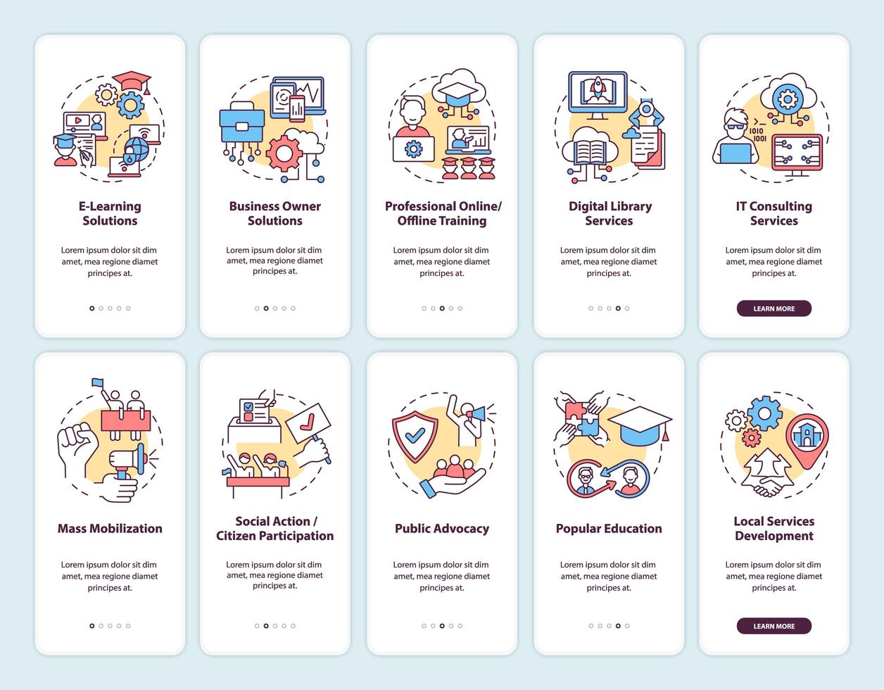 schermata della pagina dell'app mobile di onboarding dello sviluppo della comunità con i concetti impostati. guida al cambiamento sociale in 5 passaggi istruzioni grafiche. ui, ux, gui modello vettoriale con illustrazioni a colori lineari