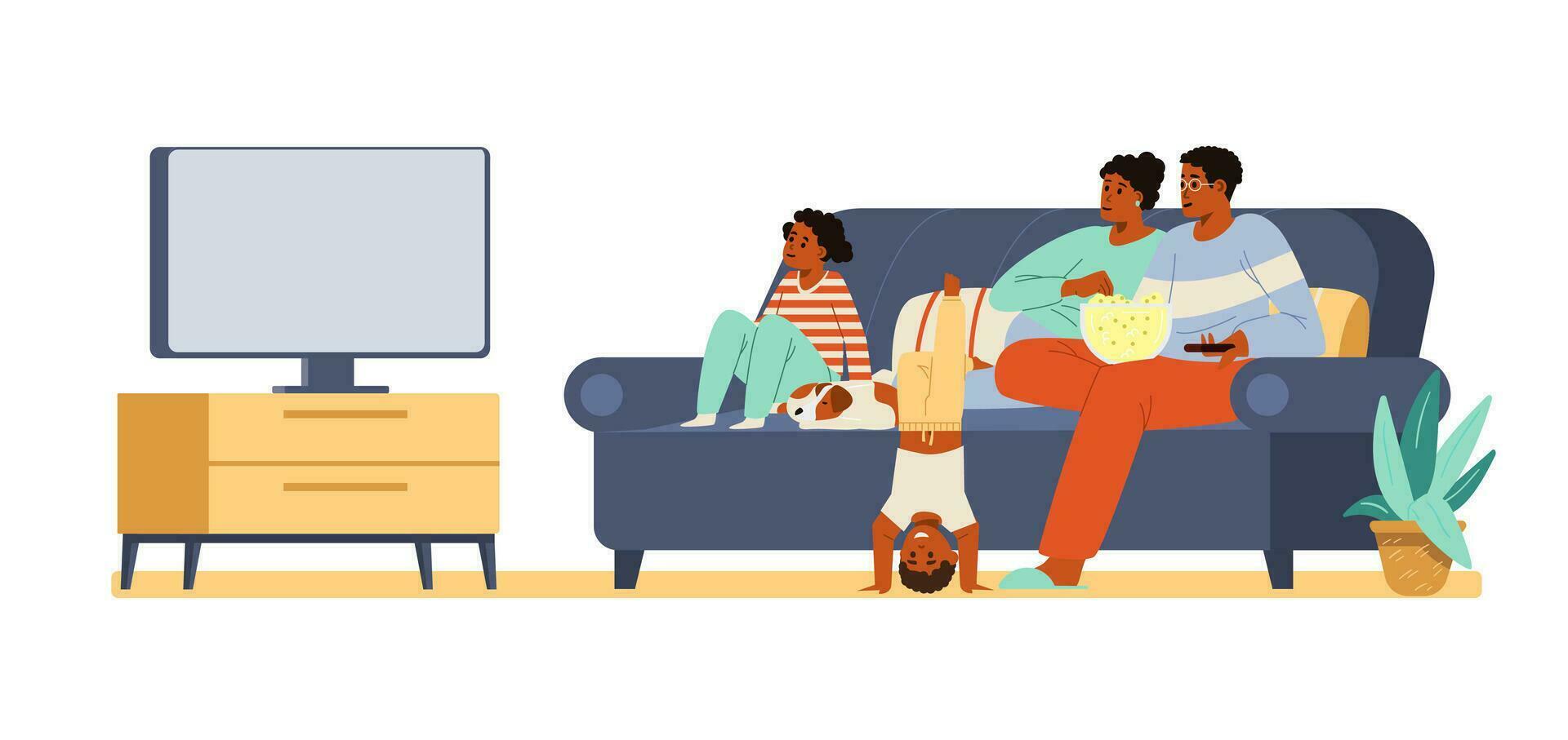africano americano famiglia con Due bambini e un' cane Guardando tv insieme seduta su il divano piatto vettore illustrazione.