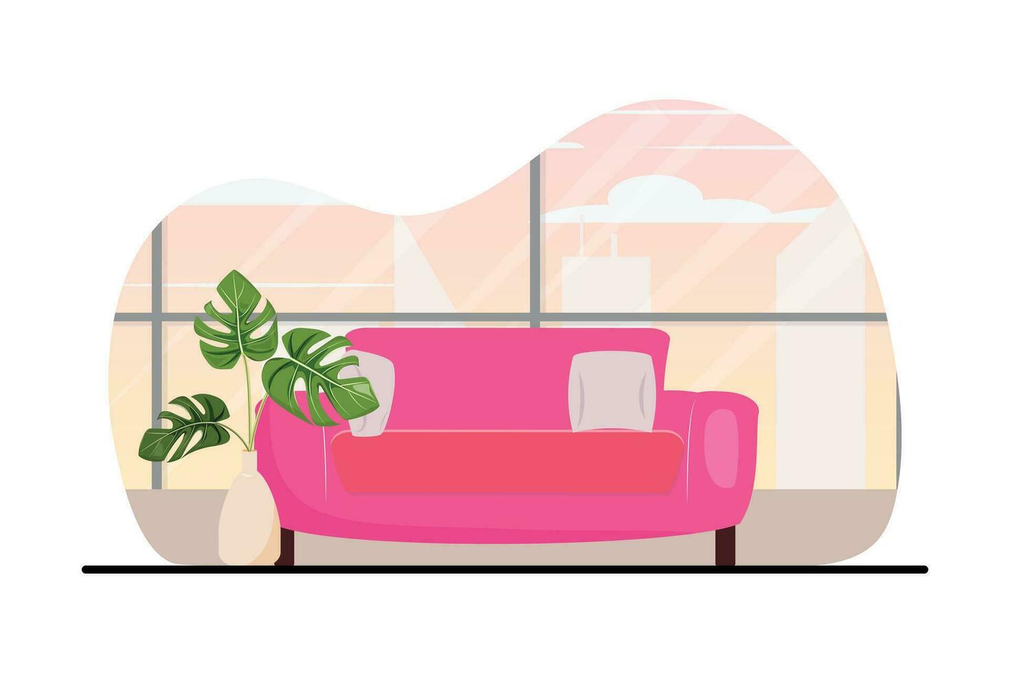 piatto illustrazione di un' rosa divano e Monstera Il prossimo per esso, finestra su il sfondo con un' Visualizza su alto edifici vettore