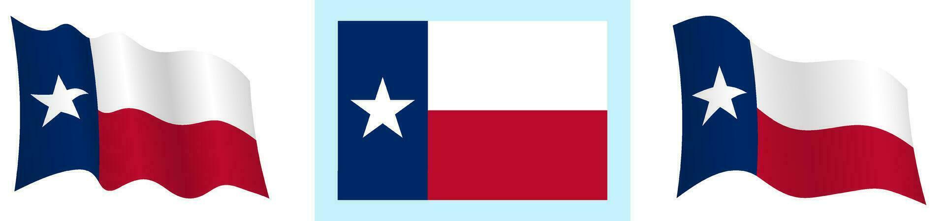 bandiera di americano stato di Texas nel statico posizione e nel movimento, svolazzanti nel vento nel esatto colori e taglie, su bianca sfondo vettore
