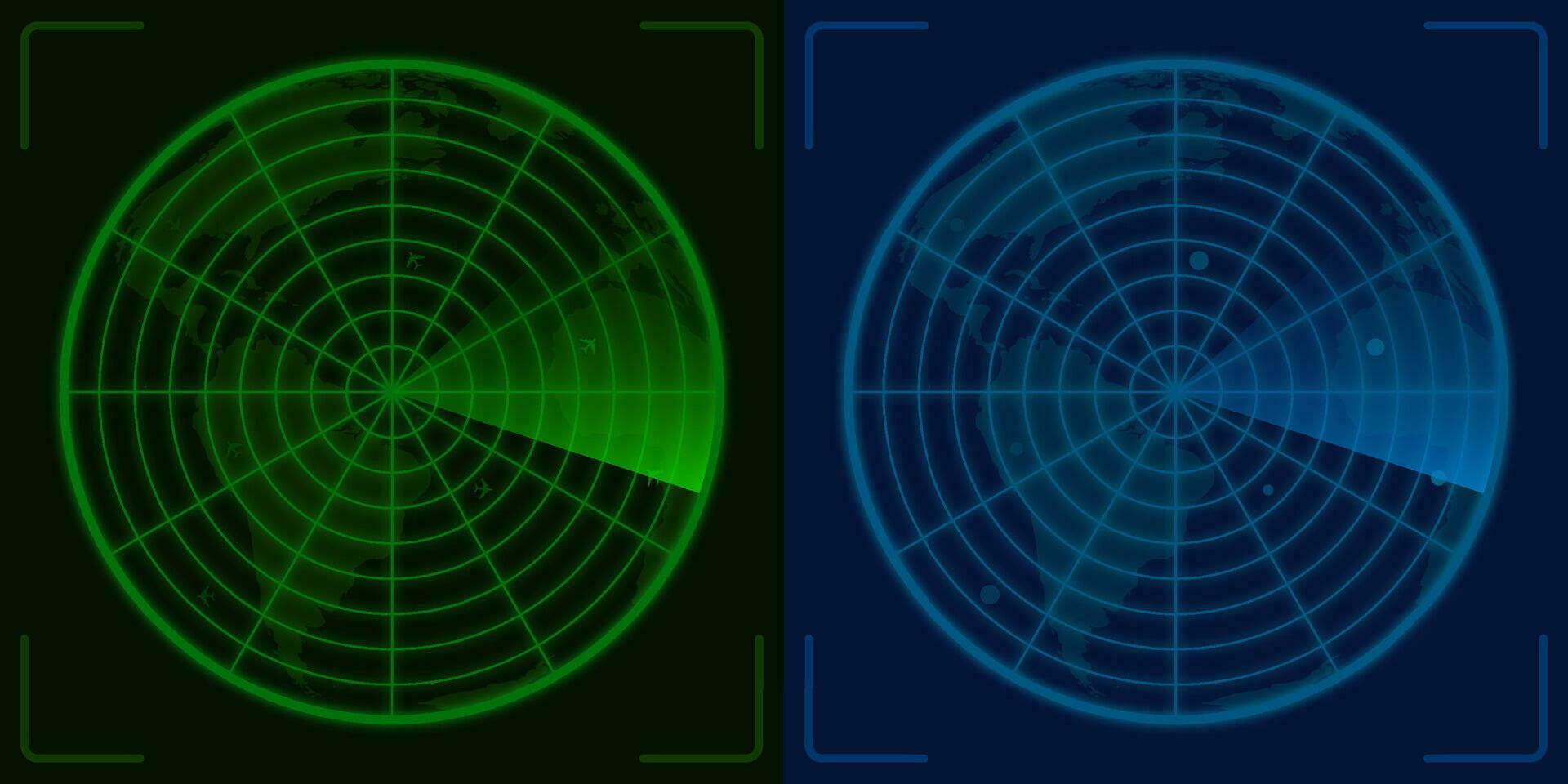 verde e blu radar schermo con piccolo aerei. civile e militare aviazione. aereo e Marina Militare itinerario controllo. vettore