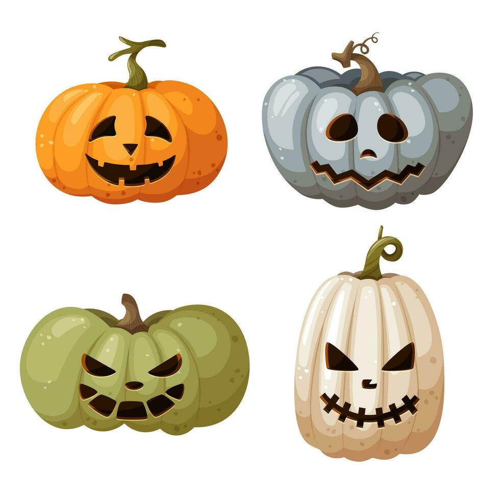 collezione di Halloween zucche con lavorato viso sagome. zucca per Halloween con diverso emozioni, per creare un' bandiera disegno, cartoline, manifesti. vettore