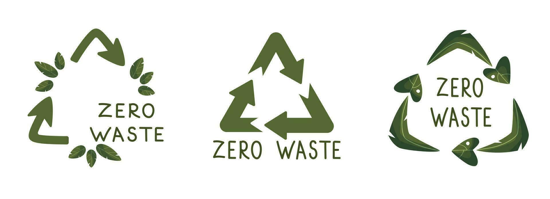 zero rifiuto etichette. verde eco amichevole etichetta, ridurre rifiuto e riciclare icona con pianta le foglie vettore impostare. no plastica ecologico protezione logo con verde