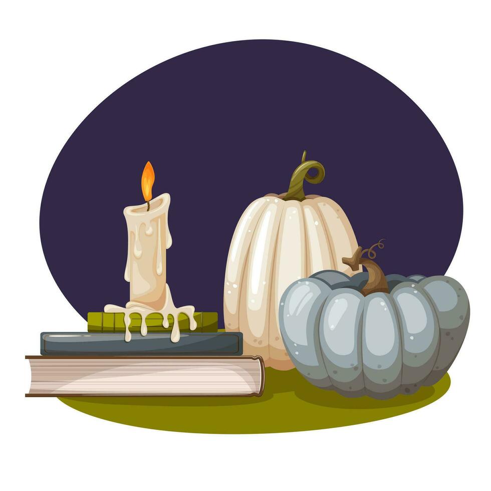 composizione per Halloween. zucca, Jack o lanterna, pila di libri e candele, ragnatele nel il angolo. Halloween Casa decorazione. vettore illustrazione per manifesto, striscione, coperchio, cartolina, carta.