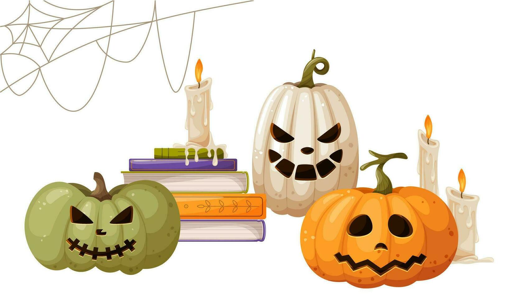 composizione per Halloween. zucca, Jack o lanterna, pila di libri e candele, ragnatele nel il angolo. Halloween Casa decorazione. vettore illustrazione per manifesto, striscione, coperchio, cartolina, carta.