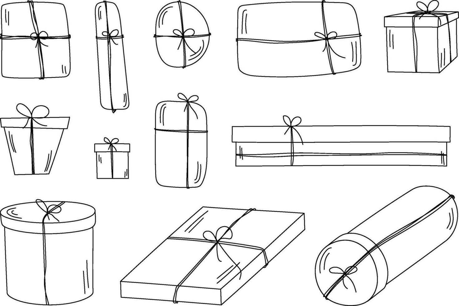 impostato di mano disegnato regalo scatole e imballare illustrazioni nero schema design elementi scarabocchio vettore disegno isolato su bianca sfondo