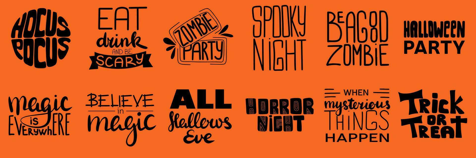 collezione di mano disegnato nero Halloween frasi isolato su arancia sfondo. vettore illustrazione.