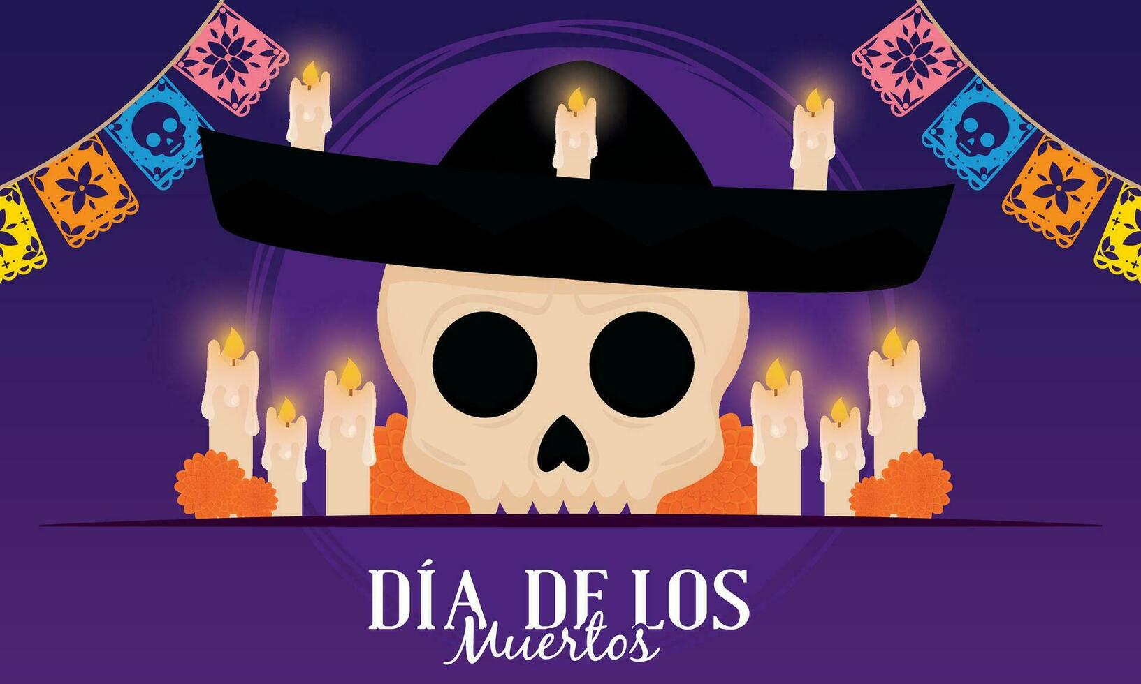 scheletro con candele e tradizionale cappello dia de los muertos vettore