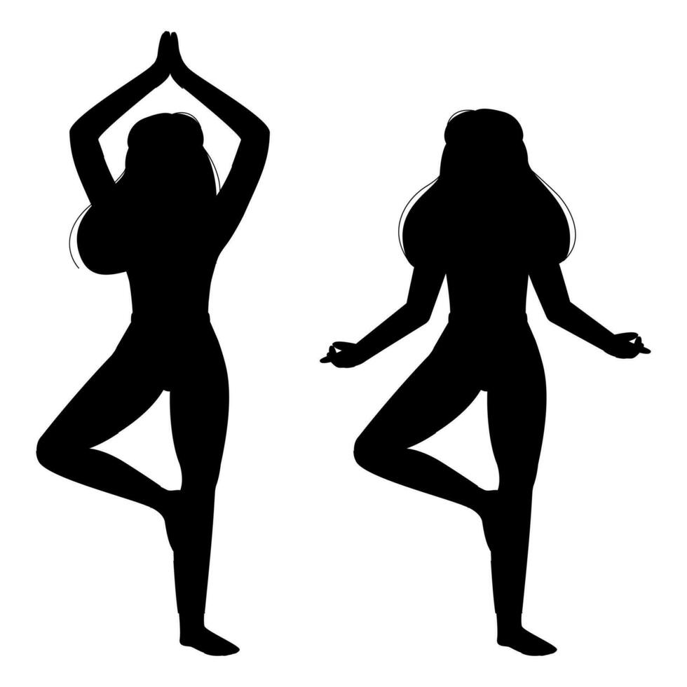 sagome di un' snello giovane ragazza praticante allungamento esercizi nel yoga o meditazione. lineamenti di un' donna fare yoga e fitness, in piedi su il pavimento. vettore illustrazione