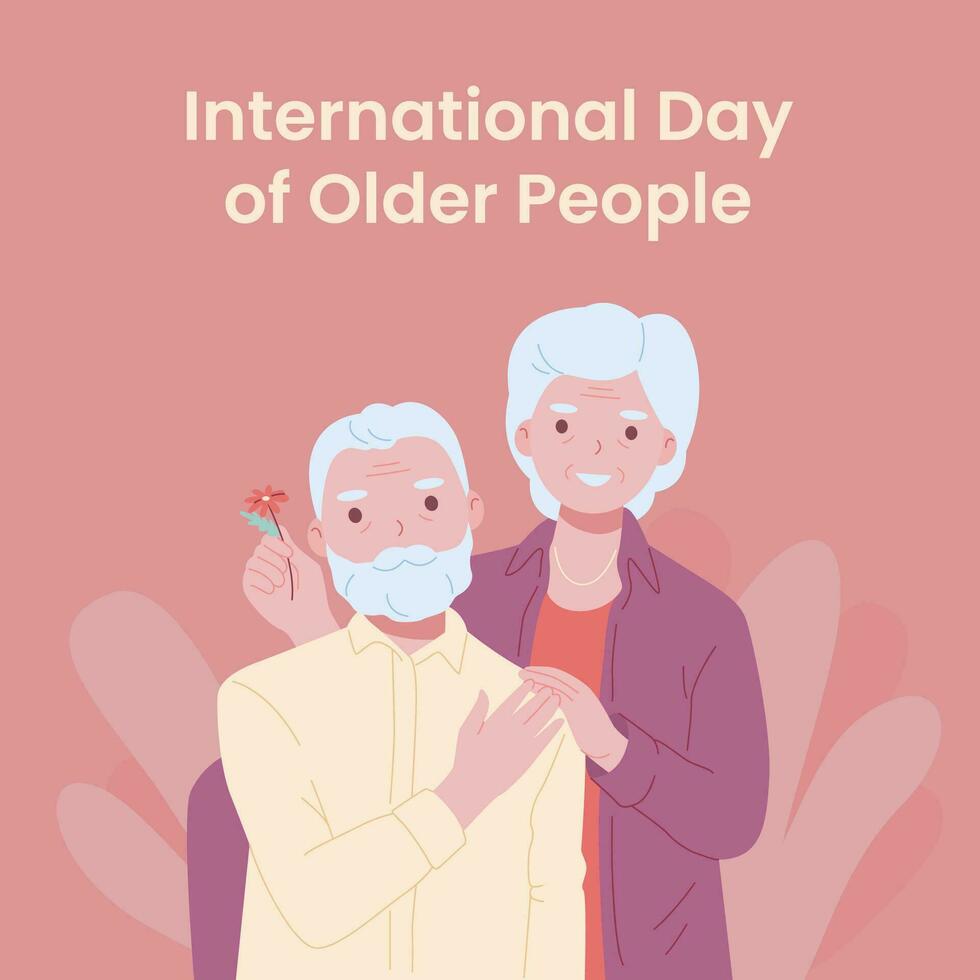 saluto carta con anziano contento coppia. internazionale giorno di più vecchio persone. vettore