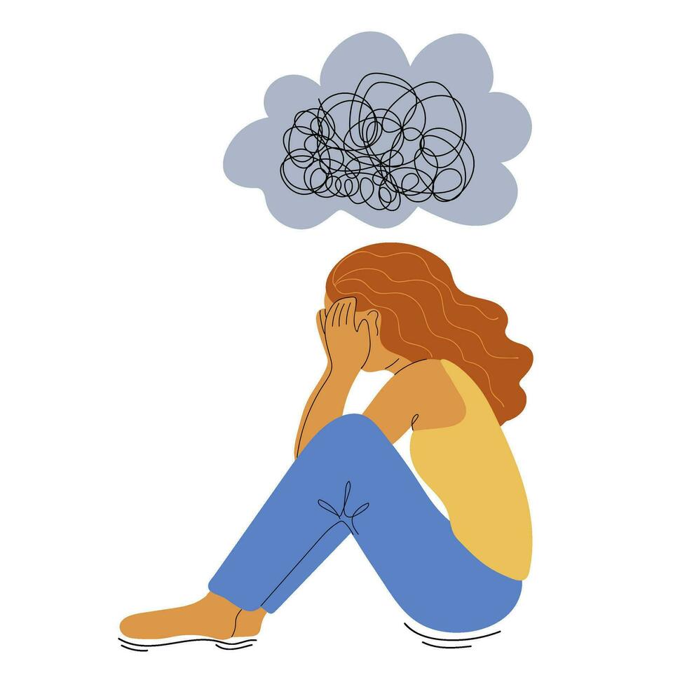 un' donna è depresso con confuso pensieri nel sua testa. concetto di mentale disturbo, tristezza e depressione vettore