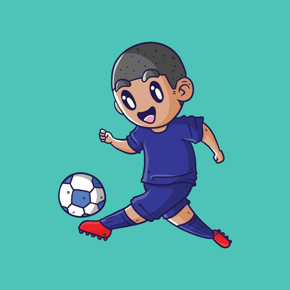 contento carino ragazzo giocando calcio. ragazzo giocando calcio vettore illustrazione. bambini giocando calcio illustrazione. calcio illustrazione.