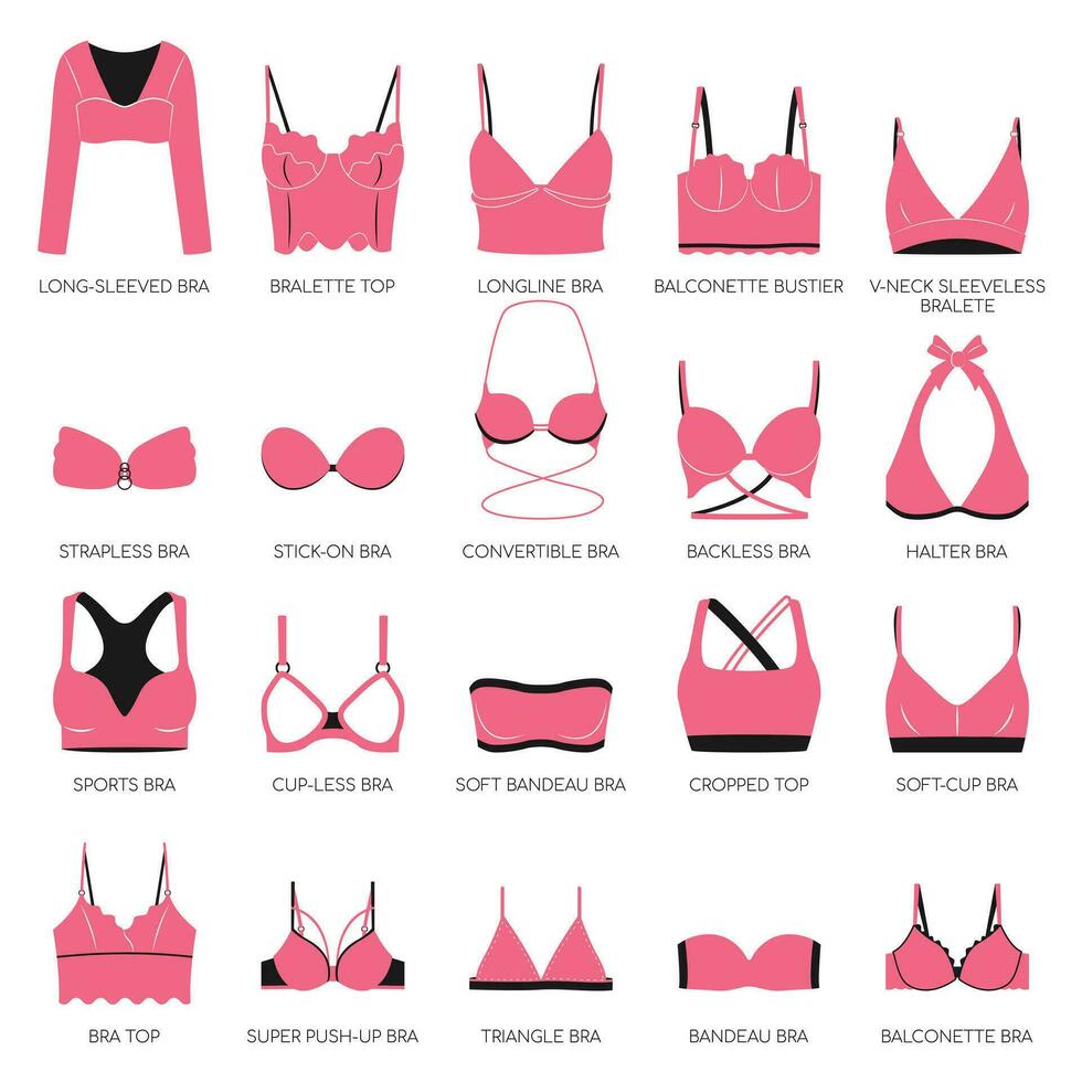 tipi di reggiseni. grande vettore collezione di biancheria intima. impostato di biancheria intima, balconcino, senza spalline, sfoderato, super Flessioni, tazza morbida, linea lunga, gli sport e triangolo reggiseno. impostato di isolato rosa icone con reggiseni.