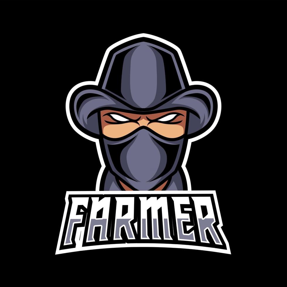 uomo contadino mascotte gioco logo design vestito nero maschera e cappello vettore