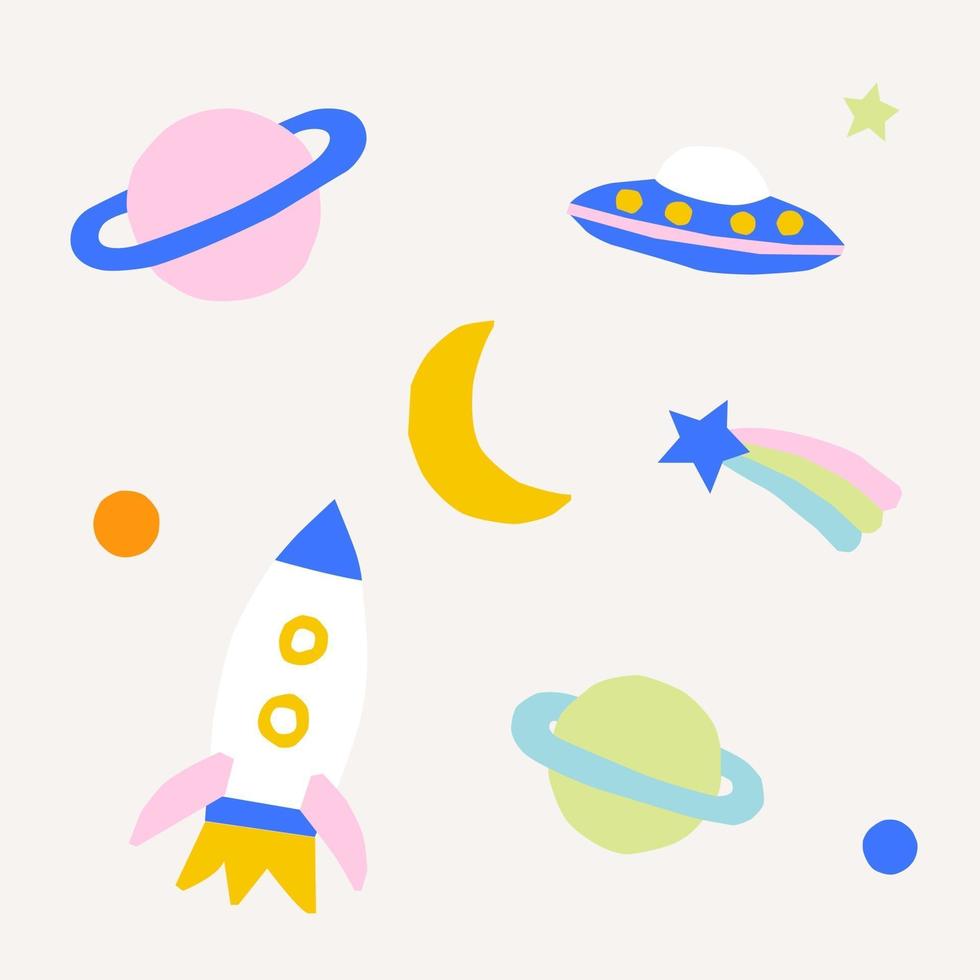 simpatico cartone animato razzo, pianeta, luna, stelle. modello spaziale cosmico per tessuto, vivaio, vestiti per bambini. carta tagliata illustrazione vettoriale stile.