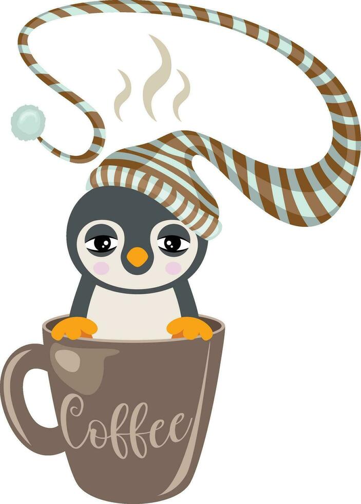 assonnato pinguino con addormentato cappello dentro tazza di caffè vettore