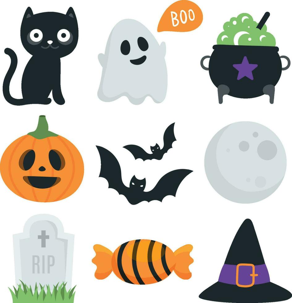 Halloween icone impostato con un' strega, zucca, gatto, e lapide vettore