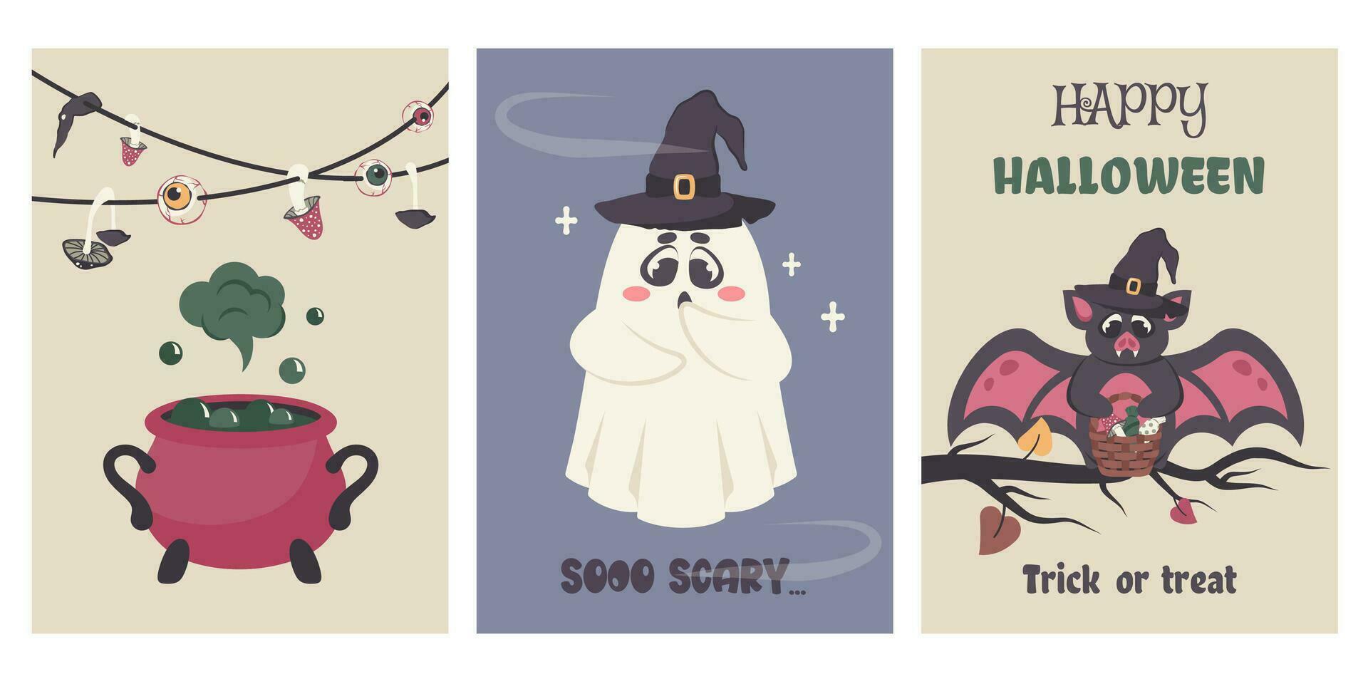 impostato di saluto carte per contento Halloween festa. carino impaurito fantasma nel procedura guidata cappello, divertente pipistrello con cestino, Halloween caramella, pozione calderone, saluto testo. vettore cartone animato illustrazione