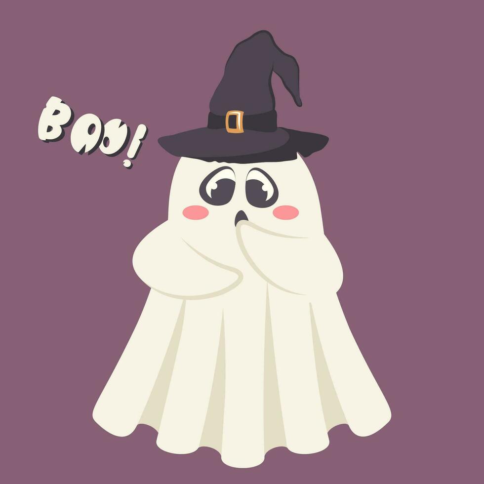 cartone animato impaurito fantasma nel del mago cappello. Halloween divertente personaggio con carino viso espressione. comico spirito isolato su nero sfondo. vettore piatto illustrazione per Halloween festa, vacanza, carta