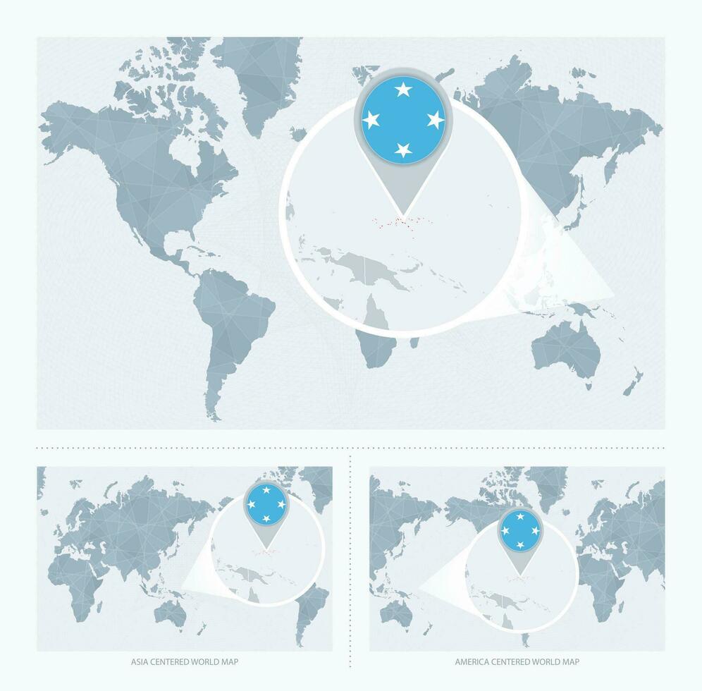 ingrandita micronesia al di sopra di carta geografica di il mondo, 3 versioni di il mondo carta geografica con bandiera e carta geografica di micronesia. vettore