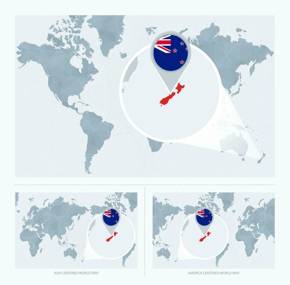 ingrandita nuovo Zelanda al di sopra di carta geografica di il mondo, 3 versioni di il mondo carta geografica con bandiera e carta geografica di nuovo zelanda. vettore