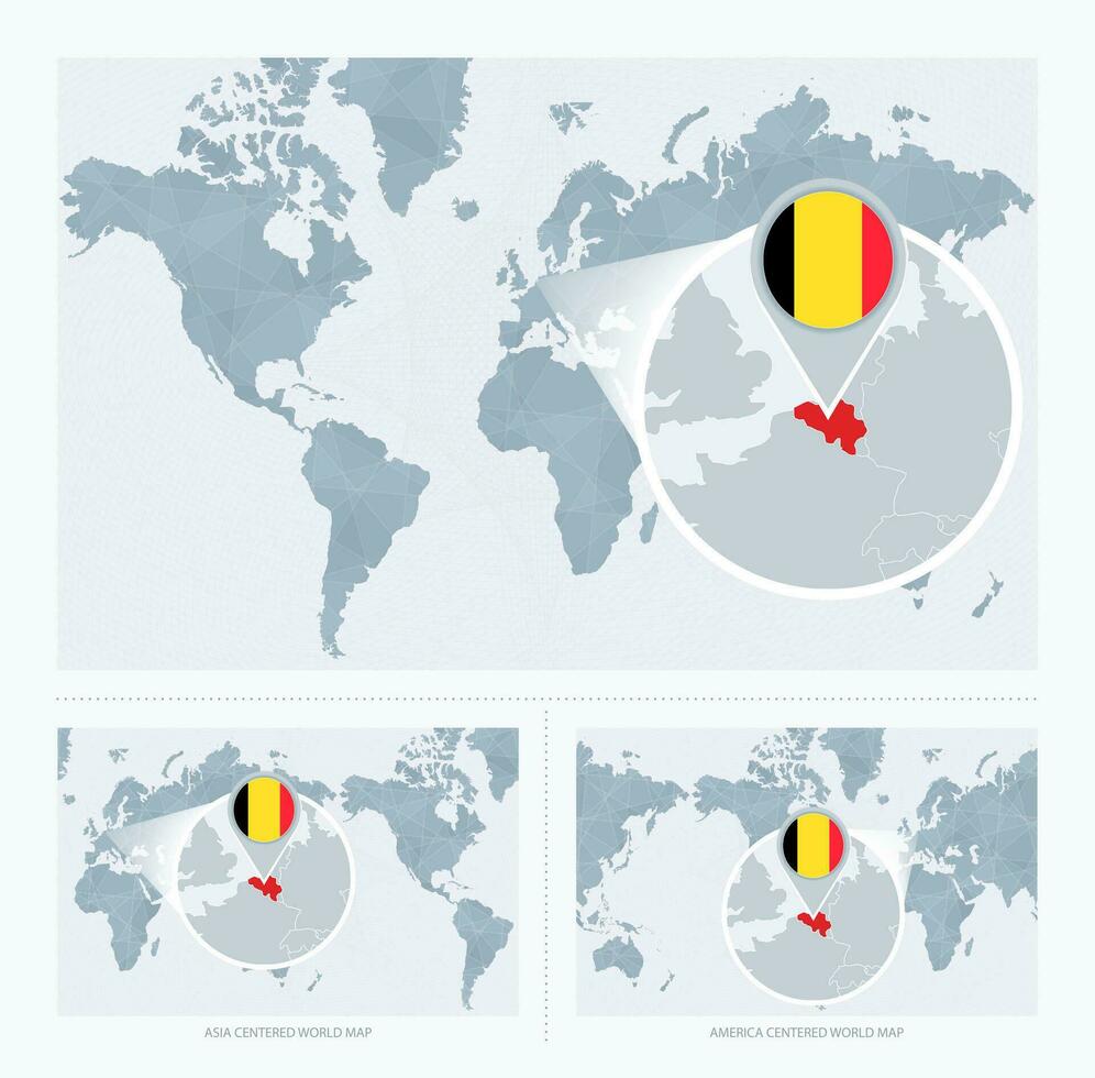 ingrandita Belgio al di sopra di carta geografica di il mondo, 3 versioni di il mondo carta geografica con bandiera e carta geografica di Belgio. vettore