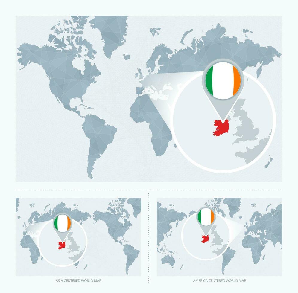 ingrandita Irlanda al di sopra di carta geografica di il mondo, 3 versioni di il mondo carta geografica con bandiera e carta geografica di Irlanda. vettore