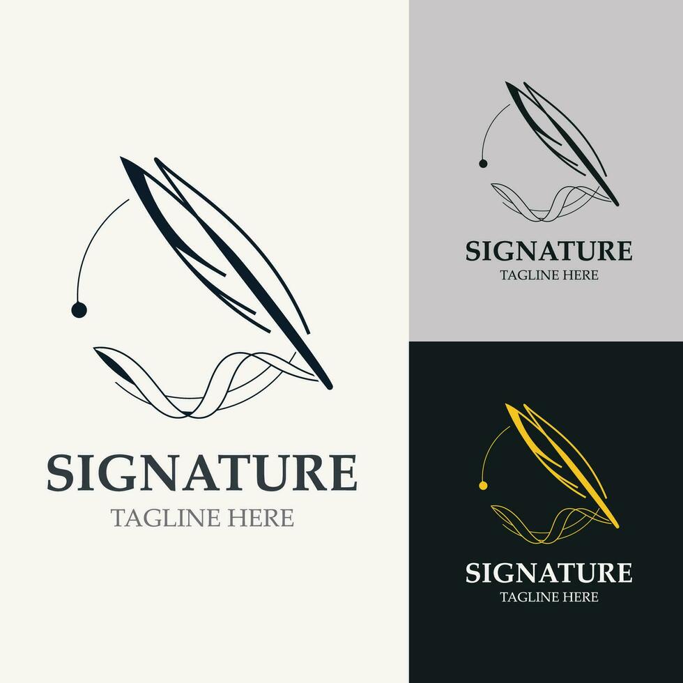 piuma e firma logo design minimalista attività commerciale simbolo cartello modello illustrazione vettore
