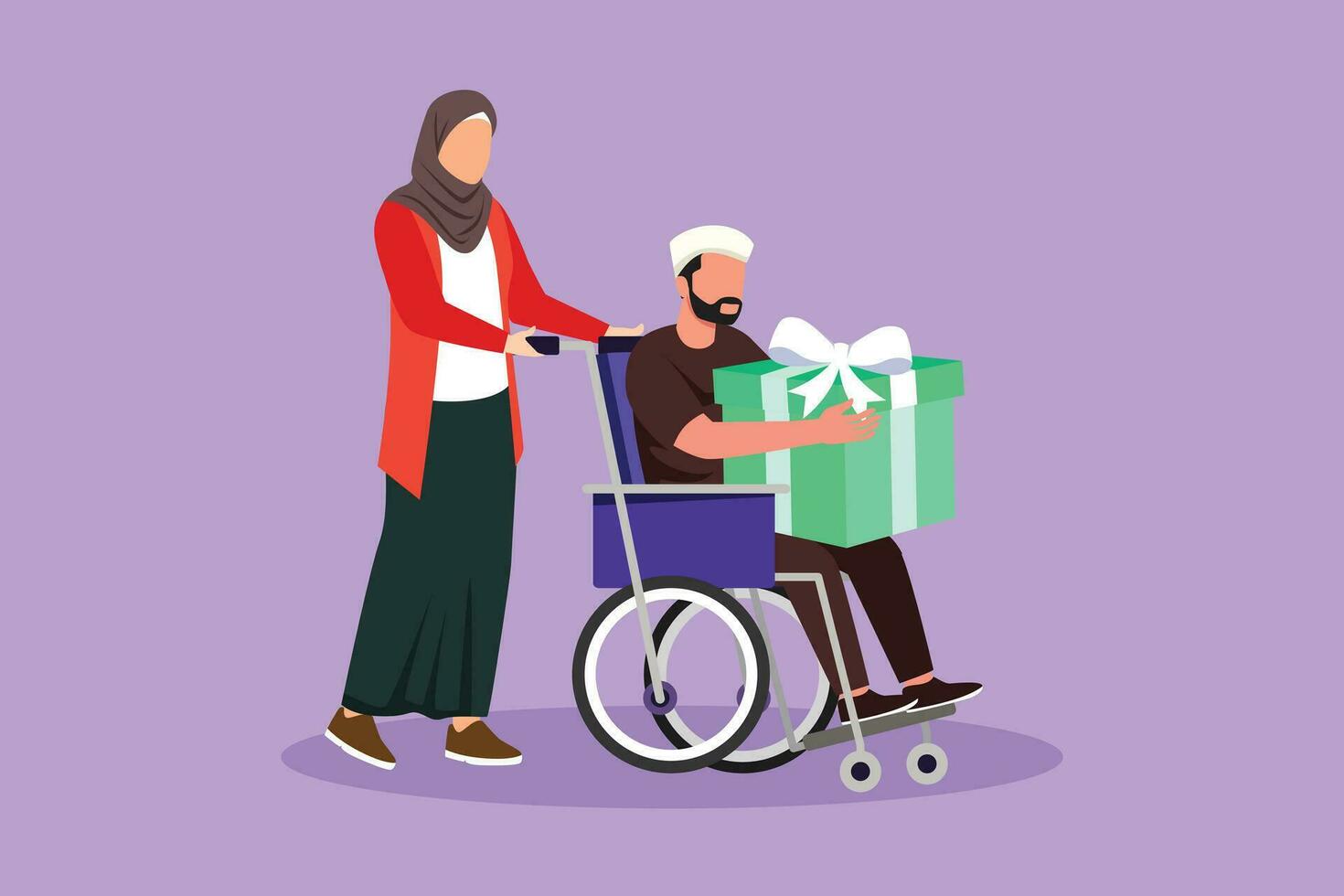 personaggio piatto disegno arabo femmina e Disabilitato maschio nel sedia a rotelle. donna shopping e dare regalo scatola per uomo. invalidità riabilitazione, non valido persone assistenza. cartone animato design vettore illustrazione