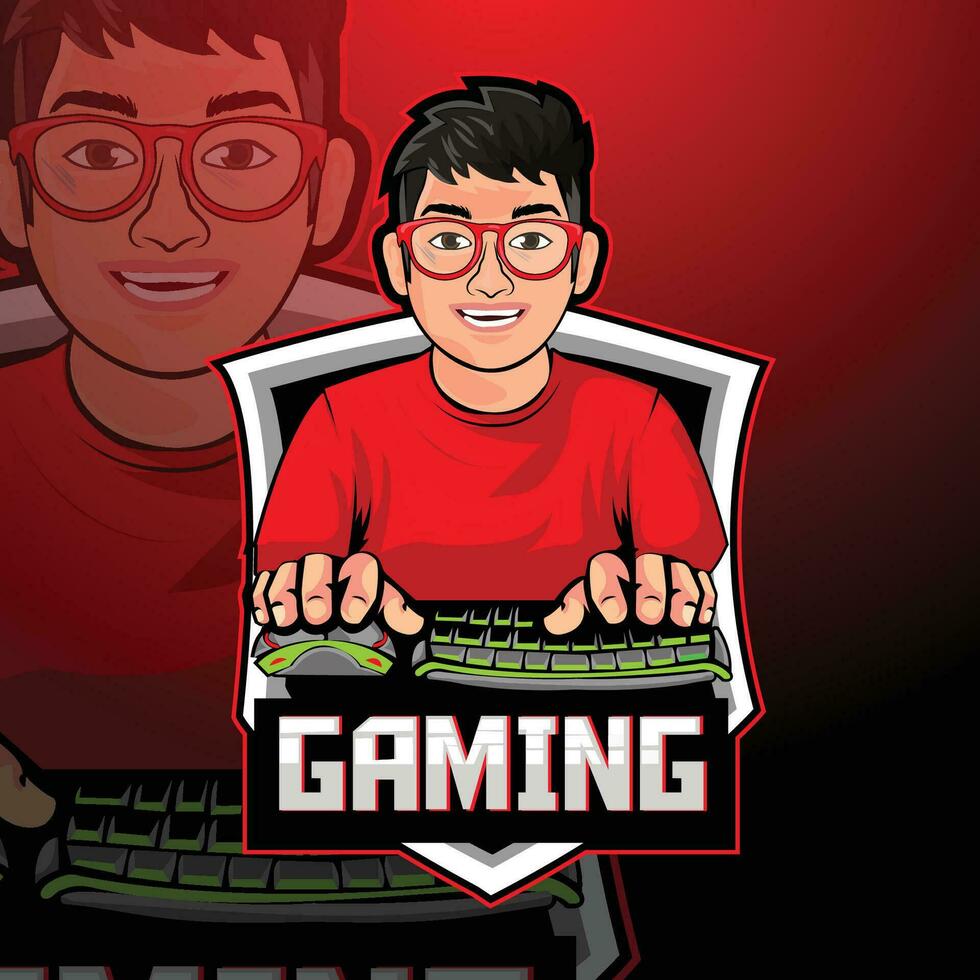 gamer ragazzo portafortuna con tastiera e topo sport illustrazione design per logo esport gioco vettore